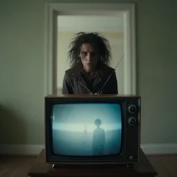 a television sits directly in front of the viewer, a strange creature peaks out from behind, film still from the movie directed by Denis Villeneuve with art direction by Zdzisław Beksiński, wide lens