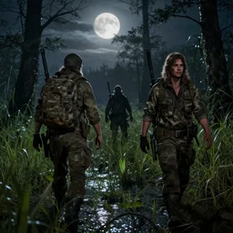 hunters from hunt showdown walking through a swamp at night, full moon, vegetation, horror, back lighting, realistic details