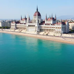 the hungarian parliament underwater-beach, palm trees behind, aerial shot, real photography, unreal-engine, 4k, highly detailed by Thomas Kinkade, Trending on Artstation, Landscape vista
