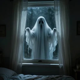 Photo of a scary ghost starring through bedroom window
