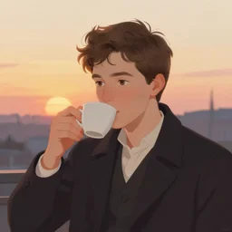 portrait of a young man drinking coffee, sunset, soft lighting, illustrated by jules joseph lefebvre and jean baptiste debret