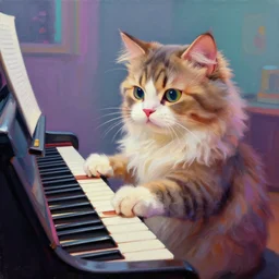 an fluffy cat playing an piano, synthwave, digital art, oil painting, 3 d