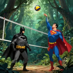 batman and superman are playing volleyball in a jungle, volleyball in the air, volleyball net, in the style of greg rutkowski and artgerm, high detail