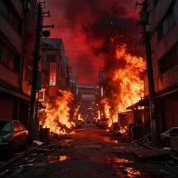 dirty, dark, streets of Tokyo, huge fires flaming through the streets, blood red colored sky, apocalpyse, debris on the floor, cinematic lighting