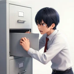 angry filing cabinet bites secretary, unreal engine, visual novel, dichromatism, hard lighting