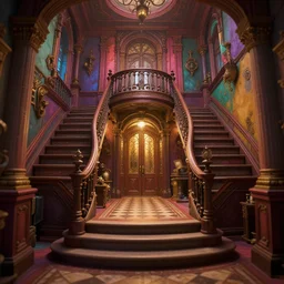 steampunk mansion entrance, stairs, interior, colorful, contrast, depth of field, 3 d scene, render, greg rutkowski, zabrocki, karlkka, jayison devadas, trending on artstation, 8 k, ultra wide angle, zenith view, pincushion lens effect