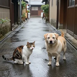 photograph of a cat and a dog on the floor of a japanese rainy alleyway with puddles