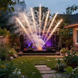 small home garden with a rammstein concert pyrotechnics display