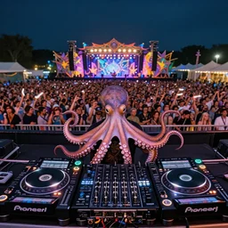 award winning photo of an octopus! as a dj with tentacles! simultaneously placed turntables cdjs and knobs of a pioneer dj mixer. sharp, in front of a large crowd, studio, medium format, 8 k detail, volumetric lighting, wide angle, at an outdoor psytrance festival main stage at night