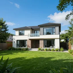 house futurist, green yard, deep, blue sky with few white cloud, focus on the house