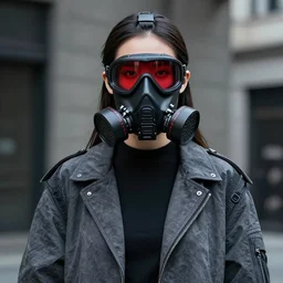 a beautiful female urban techwear balenciaga gucci biomechanical portrait with black gasmask tech dark glasses red