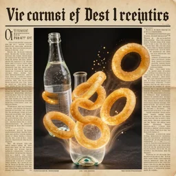 a bottle of water and onion rings glowing and vibrating in a casino, victorian newspaper article