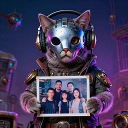 cyberpunk cat wearing robot mask, listening to music on headphones, family photo, apocalyptic setting, fallout 5, steampunk, deep colors, studio lighting
