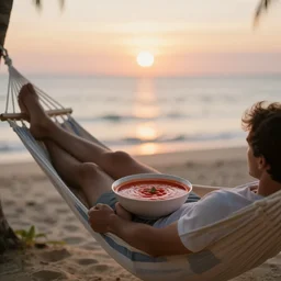 a man chilling on a hammock on the beach with a bowl containing tomato soup, highly detailed, sunset, sea in background, soft light, bokeh, 9 0 mm, f / 1. 4