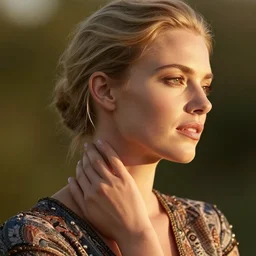 photograph of an olive skinned blonde female model in her late twenties, her hair pinned up, wearing a designer top, looking content, focused on her neck, photo realistic, extreme detail skin, natural beauty, no filter, slr, golden hour, 4 k, high definition, photographer steve mccurry