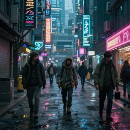 distopian cyberpunk street, neon, photorealistic, homeless people in the streets, unreal engine 5 »