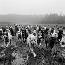 movie still by tarkovsky crowd of dog running in a swamp, cinestill 8 0 0 t 3 5 mm b & w, heavy grain, high quality, noir, natural textures, photorealistic, ambient occlusion, hd, dof, mud, fog
