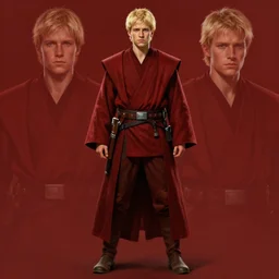 full body Over-the-Shoulder Shot of a young blonde male jedi with short hair concept art by Doug Chiang cinematic concept art, realistic painting, high definition, digital art, matte painting, symmetrical, very detailed, realistic, dramatic lighting, cinematic, establishing shot, extremely high detail, photo realistic, cinematic lighting, post processed, concept art, artstation, matte painting, red color scheme, the Mandalorian concept art style