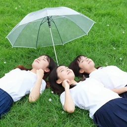 women laying on grass under umbrella photo