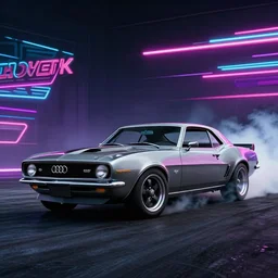 audi camaro b 1 ( 1 9 6 9 ) drifting, need for speed : carbon, neon lines, ultra phonk, phonk music background, smoke behind wheels, noise, dark, establishing shot
