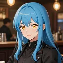 pretty woman in a bar with sky blue straight hair, bangs, with amber eyes, gold eyes, wearing a black jacket, high collar, ultra detailed, concept art, award winning photography, digital painting, cinematic, by wlop, anime key visual, closeup, pixiv, happy, yoshitaka amano, ilya kuvshinov,