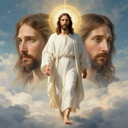 jesus walking down from heaven, perfect faces