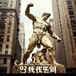 high detail poster for an opera about a giant statue of hercules being built in new york city. italy, 1 9 2 1