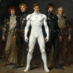full character of a handsome futuristic superhero in white clothes, character design, painting by gaston bussiere, katsuya terada, nc wyeth, greg rutkowski, craig mullins, vermeer, frank frazetta, mucha, tom of finland, trending on artstation, jeffery catherine jones, rule of thirds, dark, armored