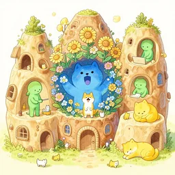 shiba inu, flowers, blue people singing, green people working, yellow people sleeping, a lot of little tiny cats, ant - hill style building, doodling style, pastel palette, super detailed image