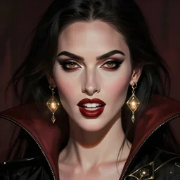 portrait of megan fox as a vampire showing his teeth, intricate, elegant, glowing lights, highly detailed, digital painting, artstation, concept art, smooth, sharp focus, illustration, art by wlop, mars ravelo and greg rutkowski