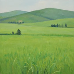 A painting of an landscape, green fields, natural, hills and little forests, calm, painting in the style of Hahahahaha Hohohohoho
