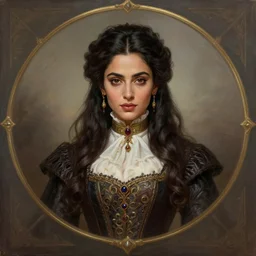 head-on symmetrical centered painted portrait, Mahira Khan as a D&D wizard, victorian robes, fantasy, intricate, elegant, highly detailed, digital painting, smooth, sharp focus, illustration, artstation, in the style of Artgerm and Anna Podedworna and Alex Ross