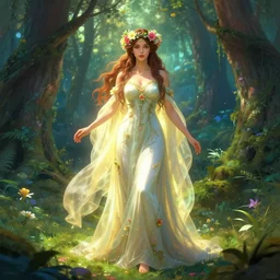 a beautiful female forest druid wearing a head dress of flowers and a flowing dress surrounded by light in a heavenly forest realm, full body shot, video game concept art, alphonse mucha, james gurney, greg rutkowski, vivid colour, fine detail, dramatic lighting, beautiful