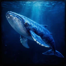 a giant sci - fi pot whale alien sea creature in a giant futuristic deep ocean, deep blue colors, highly detailed science fiction painting by syd mead, roger dean, and moebius. rich colors, high contrast, black background. artstation.