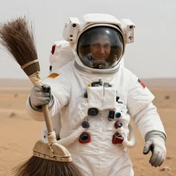 closeup portrait of an astronaut with a broom sweeping on mars, natural light, photography, world press photo