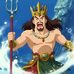 screaming Ryan Gosling as Poseidon with trident and crown, the god of the sea, ready to fight, screenshot of the anime movie \'The King of the sea\' (2006)