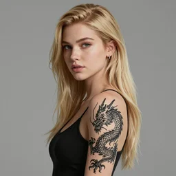 a portrait of a beautiful blonde girl aged 2 0, with a dragon tattoo by arnold newman, octane render, trending on artstation, unreal engine 5