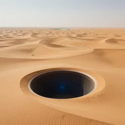 intergalactic stargate portal in the middle of a vast desert, with dunes stretching out as far as the eye can see, and a single oasis in the distance by ed emshwiller
