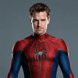 portrait photo of an evil looking tobey maguire wearing a spiderman costume