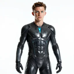 tom holland as an android, sci-fi fantasy, full body, futuristic, white background, bright camera flash lighting, shiny glossy skin, bright cyan colored eyes