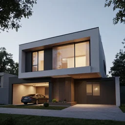 A beautiful realistic architectural rendering of a modern minimalistic house with a mysterious glow emitting from inside and a garage with a car in it, by octane render and corona render
