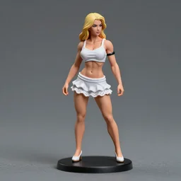 Product Introduction Photos, 4K, Full body, 80mm resin detailed miniature of a muscular lady in White and short lacy ruffled skirt, Blonde hair