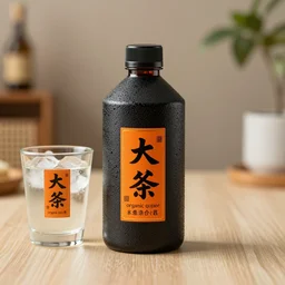 organic geodesic drink container next to an ice glass of rice wine, kanji decals, black and orange colour palette, octane render, bokeh, depth of field, product shot