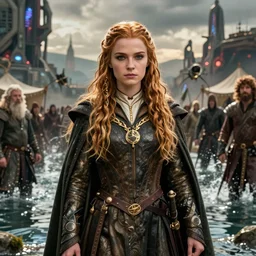 detailed ultrarealistic photography front medium shot of lord of the rings, medieval festival, waterworld, postapocalyptic, scifi cyberpunk battlemage wizard girl, leyendecker, norman rockwell, greg rutkowski, moebius, artstation cinematic, vray game of thrones,