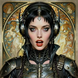 striking sensual industrial art nouveau style portrait of christina ricci as a cyberpunk heavy metal rebel soldier by travis charest, simon bisley and alphonse mucha, photorealism, extremely hyperdetailed, perfect symmetrical facial features, perfect anatomy, ornate declotage, weapon, latex, excited expression, wild eyes
