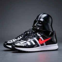 product still of Darth Vader signature Nikes, metallic black with white stripes and a glowing red swoosh, 85mm f1.8