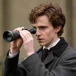 Emma Watson as Sherlock Holmes looking through a spyglass