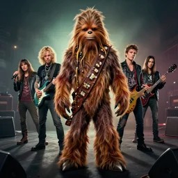 chewbacca has a rock band, Moebius, Greg Rutkowski, Zabrocki, Karlkka, Jayison Devadas, Phuoc Quan, trending on Artstation, 8K, ultra wide angle, zenith view, pincushion lens effect
