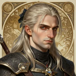 Geralt de Rivia closeup, D&D, fantasy, intricate, elegant, highly detailed, digital painting, artstation, concept art, matte, sharp focus, illustration, hearthstone, art by Artgerm and Greg Rutkowski and Alphonse Mucha