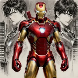 full body highly - detailed steampunk ironman by takeshi obata and yusuke murata, colored by udon comics, trending artstation and cgsociety, beautiful face, volumetric lighting, rule of thirds, unreal engine, centered subject, octane render, pencil and ink, city in the background, dark colors, intricate details, sharp face, boxing gloves